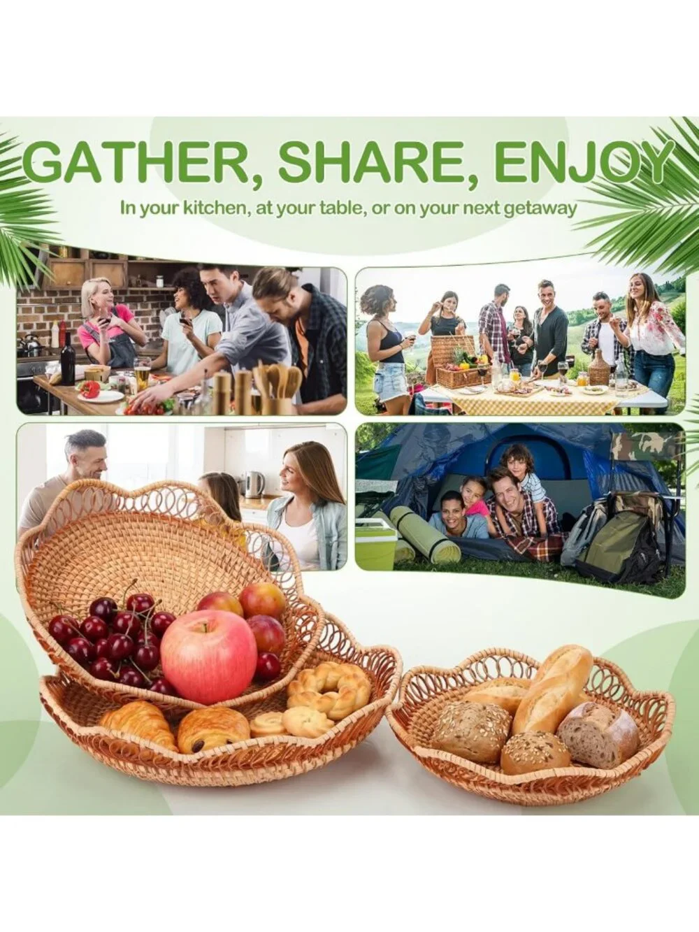 Handmade Rattan Bread & Fruit Baskets Set - Woven Decorative Serving Trays